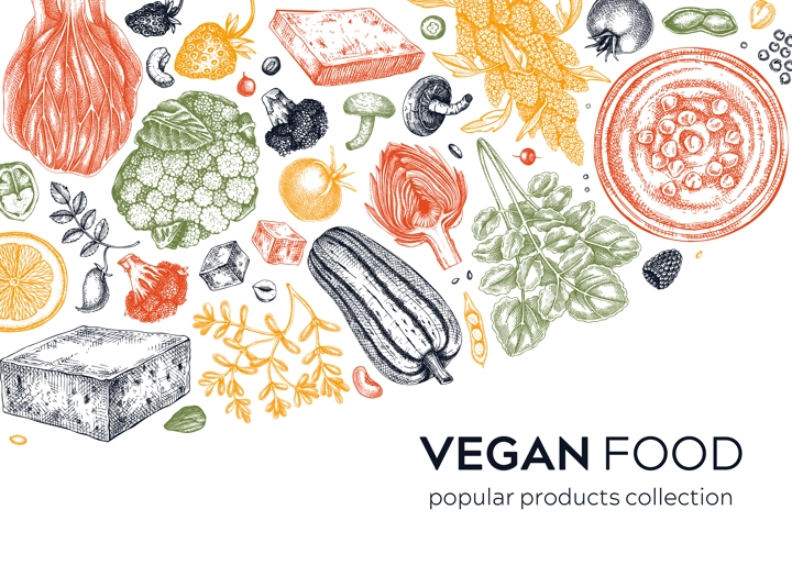 Vegan food background in color. Healthy food background. Middle eastern cuisine frame. Hand drawn vegan meals and ingredients for menu, recipe, packaging design. Vegetarian food illustration